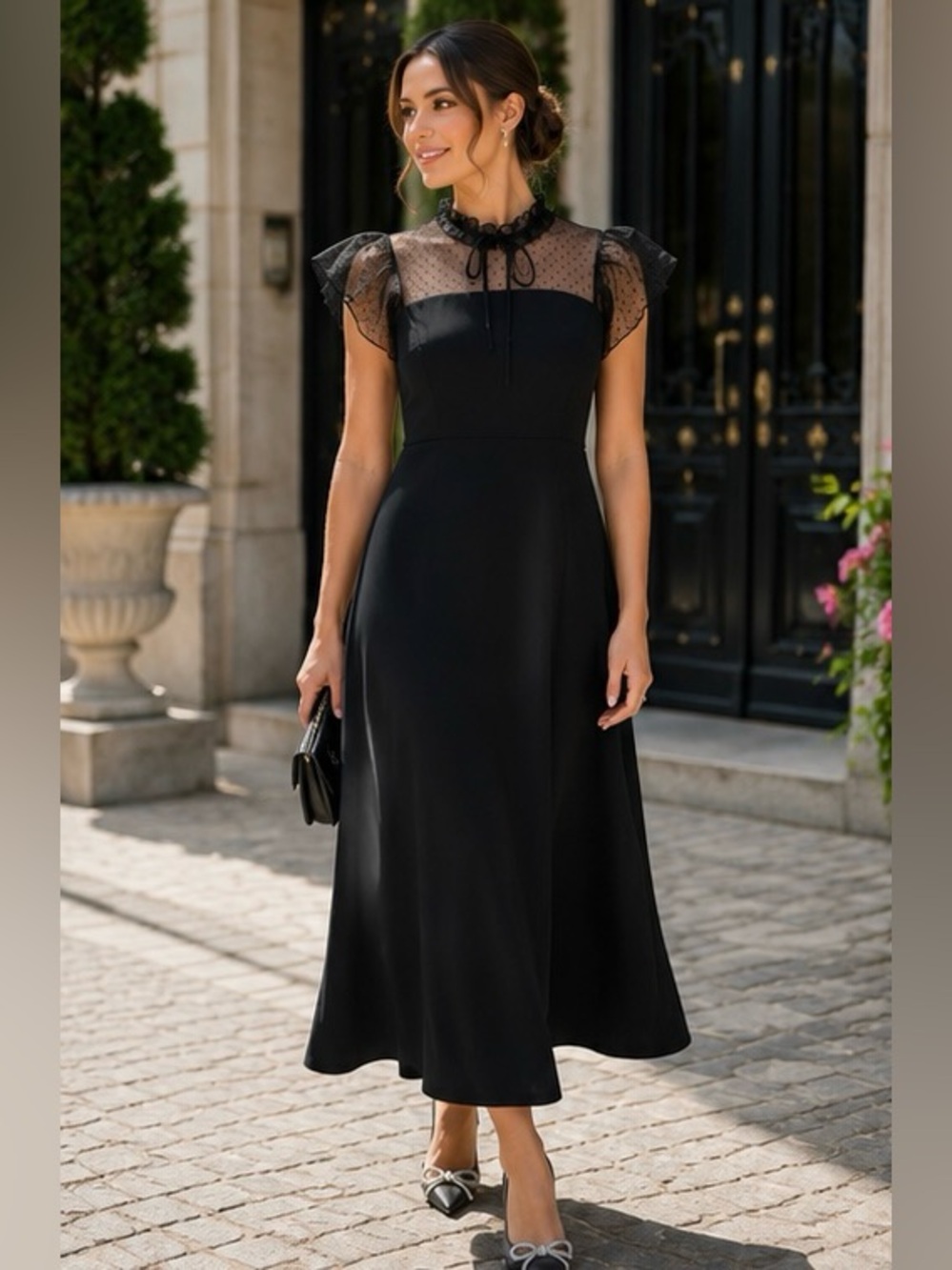 SHEIN Curve 1XL Black Mesh Swiss Dot Maxi Dress NWT